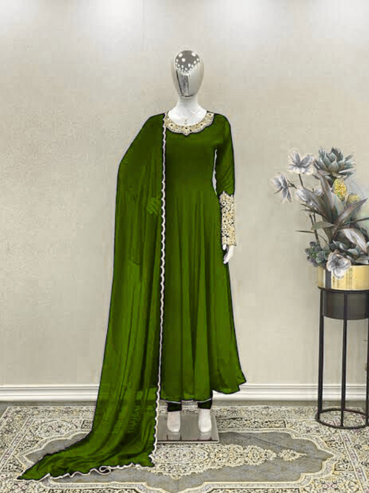 Dark olive green Plain Mangan – 58” unstitched chiffon fabric for bulk