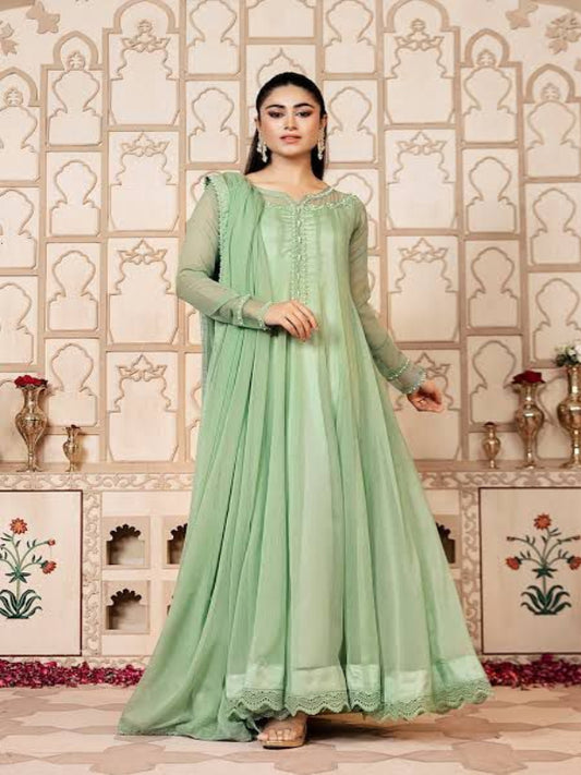 Pastel Mint Green Chiffon – lightweight, unstitched fabric for women’s wear